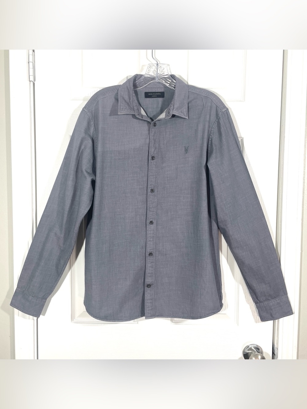 AllSaints Men’s Gray Button Up Shirt Chambray Cotton Long Sleeve